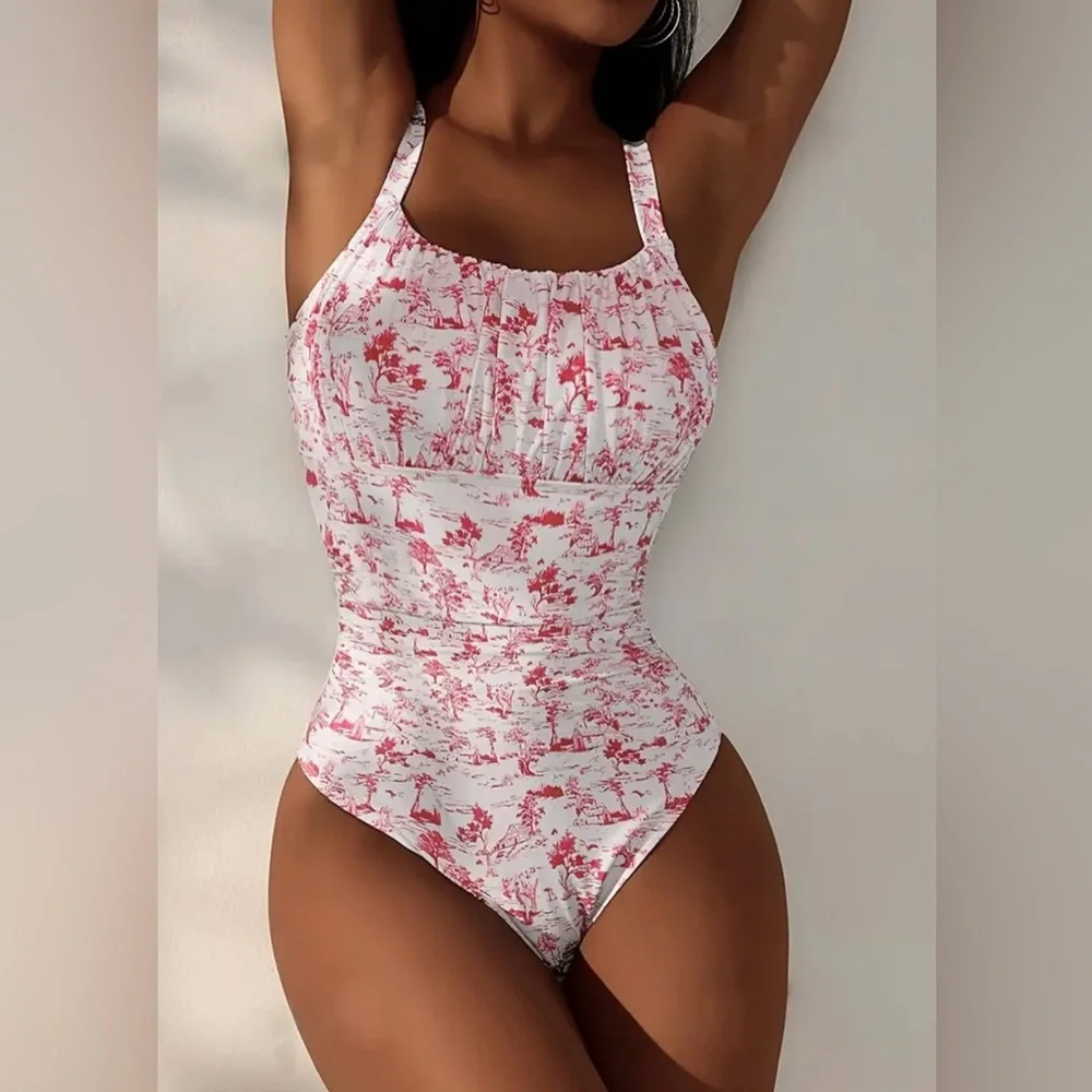 New Toile vintage print one-piece swimsuit women’s bathing suit Large - Picture 5 of 5